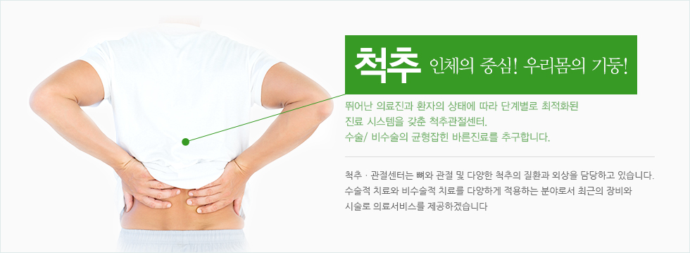 척추 인체의 중심! 우리몸의 기둥! 뛰어난 의료진과 환자의 상태에 따라 단계별로 최적화된 진료 시스템을 갖춘 척추관절센터
